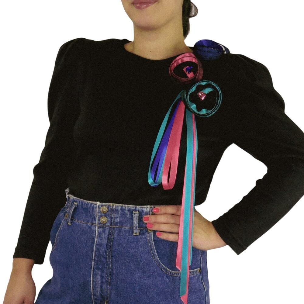 Just Tina 80s Vintage Sweater Black Ribbon Rose Rhinestone Funky Retro Large